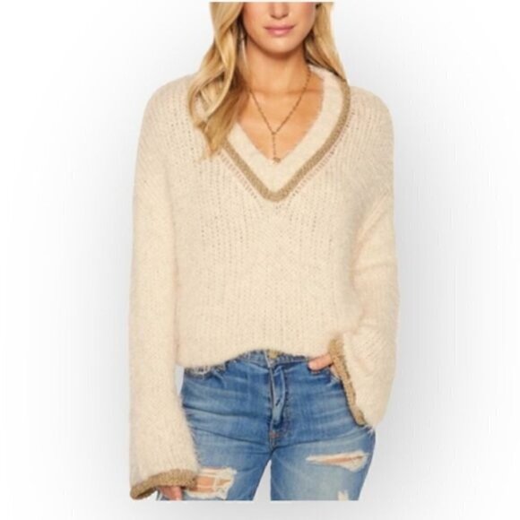 NWT Ramy Brook Max V Neck Fuzzy Sweater with Metallic Trim, Size XXS - Picture 1 of 14
